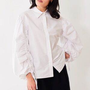 Odeeh Oversized Gathered Sleeve Cotton Poplin Button Down Shirt White